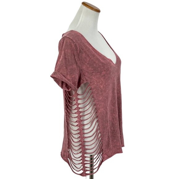Gimmicks Exclusive Washed Mauve Raw Hem V-Neck Side Cutouts & Strappy Back Top - Picture 4 of 15